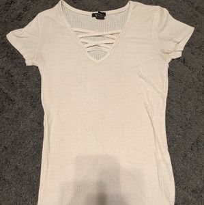 White tee with detailed neckline